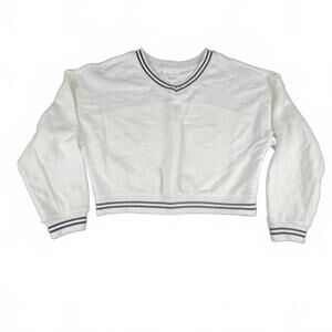 Pink Rose Cropped V-Neck Sweatshirt Blue Stripe Trim – Size M